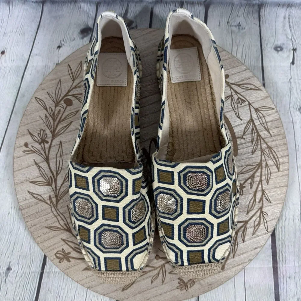 Tory Burch Espadrille Flats Size 11 Blue Gold Geometric Sequin Canvas Slip On